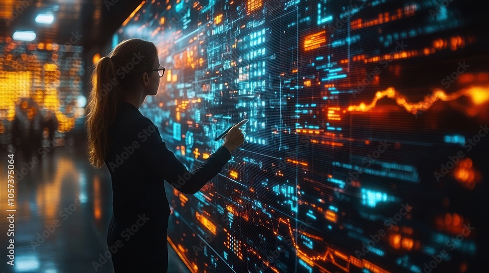 Poster a woman interacts with a digital display of data and analytics in a modern environment.