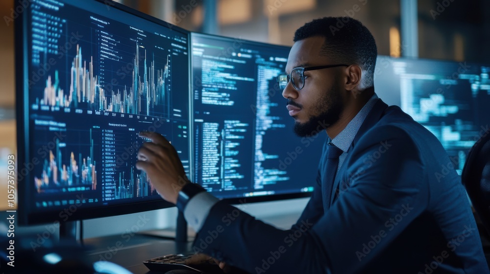 Poster analyst examining data on a computer dashboard,