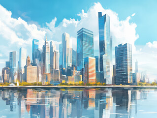 Obraz premium Vibrant city skyline with modern skyscrapers reflecting in calm waterfront under a bright blue sky.
