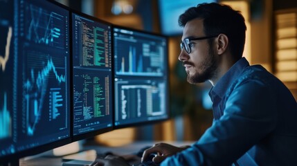 Analyst at a computer, utilizing a data dashboard