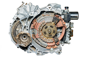 Cross section of modern car automatic transmission gearbox showing gears and clutch disks, isolated...