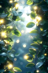 A serene scene of glowing lights amidst lush green leaves, creating a magical atmosphere.
