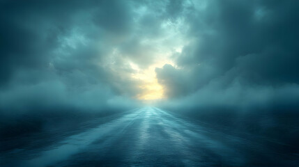 Dark Foggy Road with Light at the End - Abstract Background