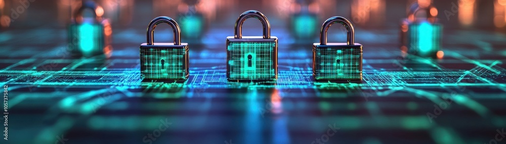 Poster three digital locks on a glowing circuit board, symbolizing cybersecurity and data protection in a m