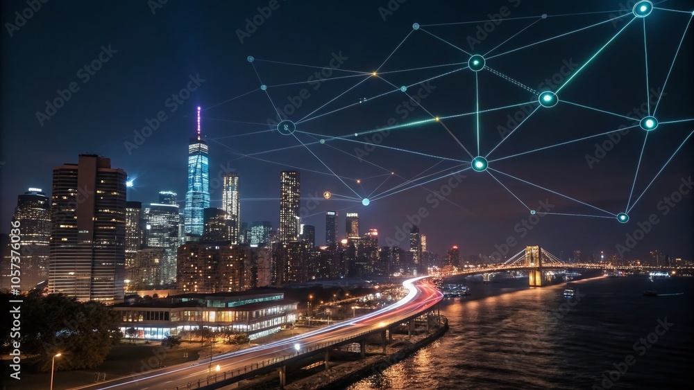 Poster futuristic blockchain connections illuminated in a night scene with digital nodes and energetic glow