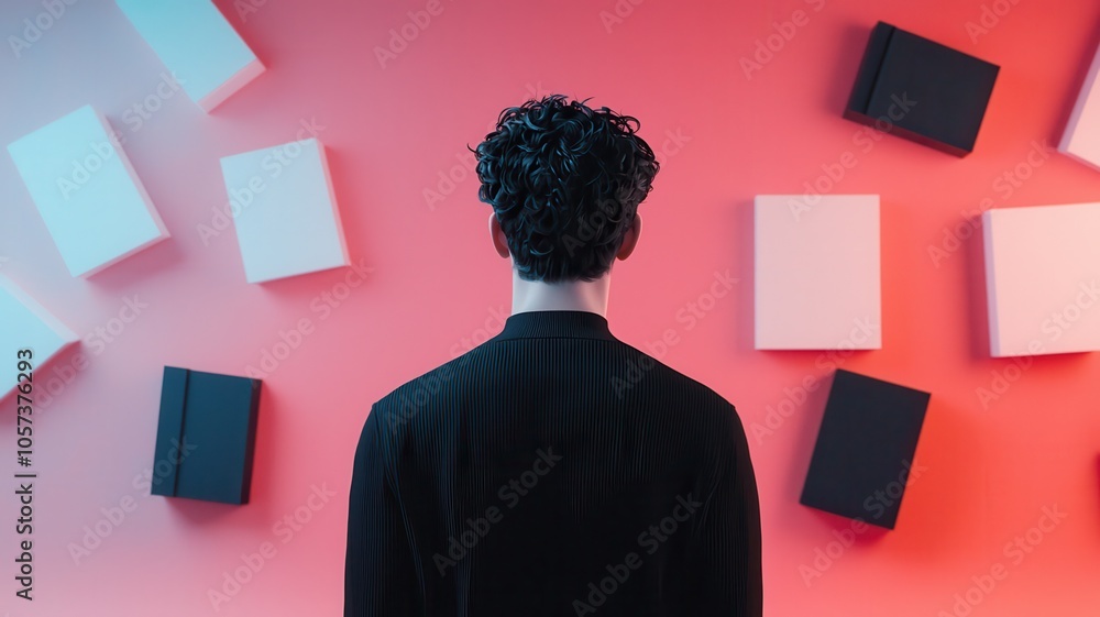 Poster a person stands facing an abstract array of books against a colorful background, capturing a moment 