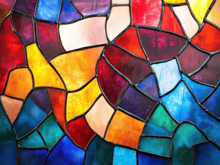 Fototapeta premium Vibrant stained glass art featuring a mosaic of rich, colorful patterns in blue, red, yellow, and orange hues.