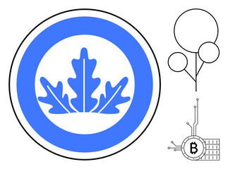 A blue leaf emblem inside a circle is accompanied by a minimalistic tree design and a digital cryptocurrency symbol with Bitcoin. Ideal for nature, cryptocurrency, technology, minimalism