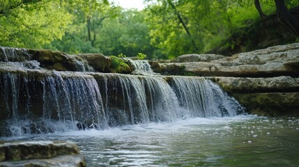 Fototapeta premium Beautiful limestone waterfall, with cascading water, tranquil natural setting,