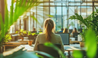 Green, sustainable and environmental office space with daily employee rush. Modern and nature friendly startup business with ESG standards and care for worker wellness and healthy environment