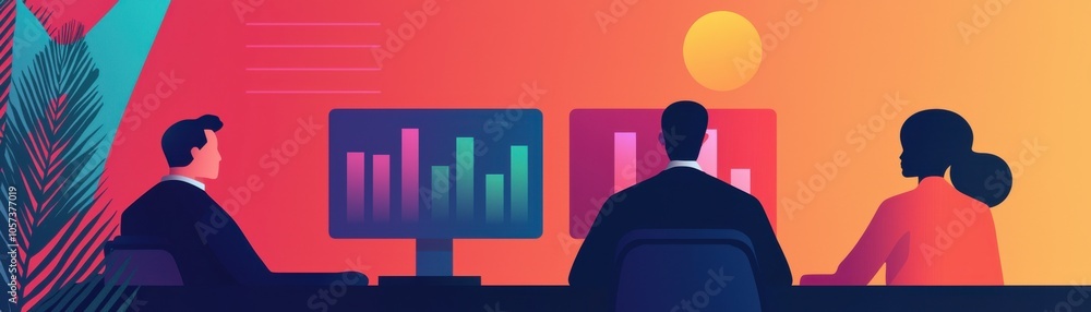 Poster three professionals observe data on dual monitors, with vibrant colors and a setting sun in the back