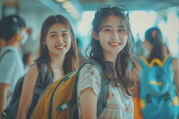 An Asian female passenger happily walks into the airport terminal towards the boarding gate.
