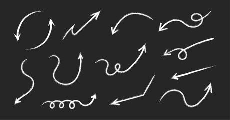 Arrows hand-drawn grunge doodle and curved white chalk set on a black background. Vector direction navigation. Scribble symbols of direction pointers and hand-drawn arrow elements for the infographic.