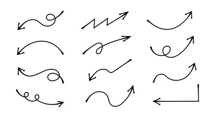 Hand-drawn black brush arrows set. Vector line arrow elements for web design, interface navigation, or infographic direction.	