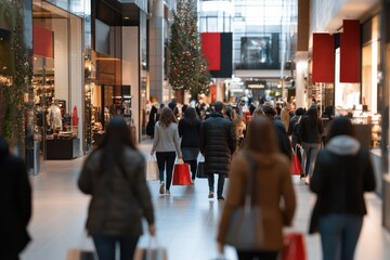 A bustling shopping mall filled with people carrying bags, holiday decorations, and festive lights creating a vibrant and lively atmosphere, symbolizing holiday excitement.