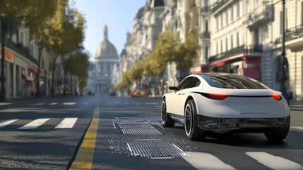 Fototapeta premium A sleek white car drives down a sunny city street lined with trees and historic architecture.