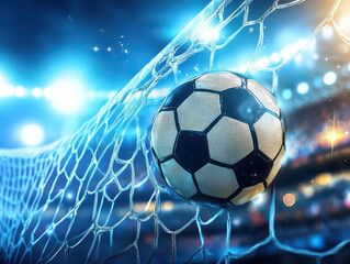 Soccer ball striking the net under bright stadium lights during an intense game moment.