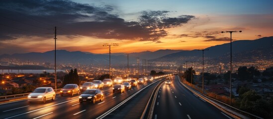 A scenic highway at sunset with vehicles and city lights in the background.