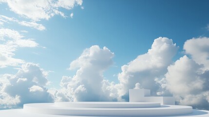 3D white podium platform with soft clouds and blue sky generative ai