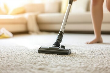 Housewife using handheld vacuum on carpet, calm living room, clean and cozy home