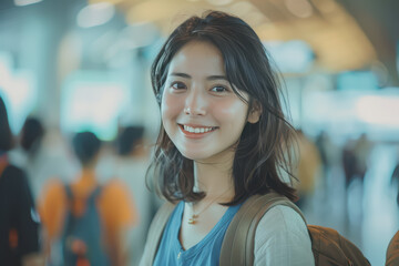 Fototapeta premium An Asian female passenger happily walks into the airport terminal towards the boarding gate.
