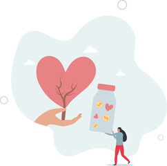 volunteer holding growing plant with heart. Assistance and protection, hope, love and support concept.flat characters.