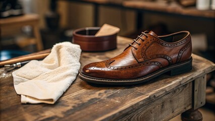 Hand Painted Brown Shoe on Rustic Table with Cleaning Cloth - Shoe Care and Maintenance
