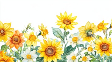 Bright and detailed watercolor border of sunflowers and daffodils