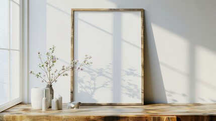 Photography, poster, or painting layout with blank canvas in frame on white wall and wooden tabletop.