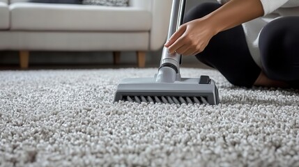 Fototapeta premium Woman adjusting carpet cleaner settings, modern equipment, efficient home cleaning