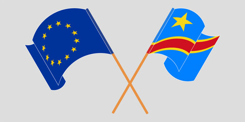 Crossed and waving flags of the European Union and Democratic Republic of the Congo. Vector illustration