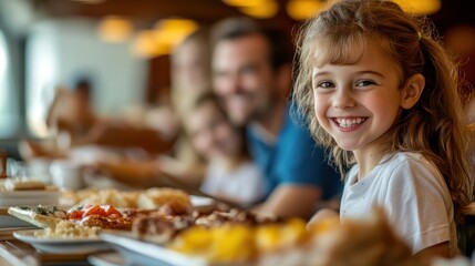 Bright and lively scene of a hotel breakfast buffet,