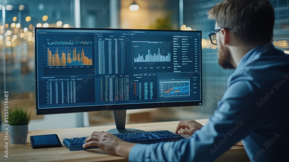 Poster business analyst working on a computer with a detailed dashboard,