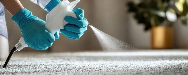 Woman s hands spraying carpet cleaner, gloved hands, focus on cleanliness