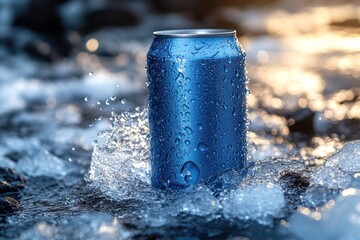A blue can resting in water, surrounded by splashes, evoking refreshment and nature.