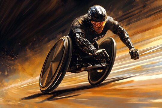 Cybernetically Enhanced Paralympic Sprinter in Sleek Aerodynamic Wheelchair Races with Intense Focus