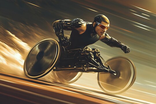 Powerful Cybernetic Paralympian Sprinter Races Down the Track with Intense Focus