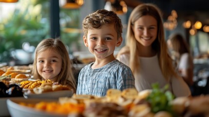 Cheerful kid and his sister at a hotel breakfast buffet, with a spread