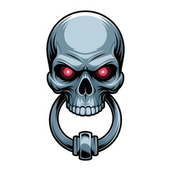 A scary skull with red eyes and a silver door knocker for Halloween designs  