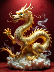 Obraz premium Majestic golden dragon figurine with smoke on a cloudy base