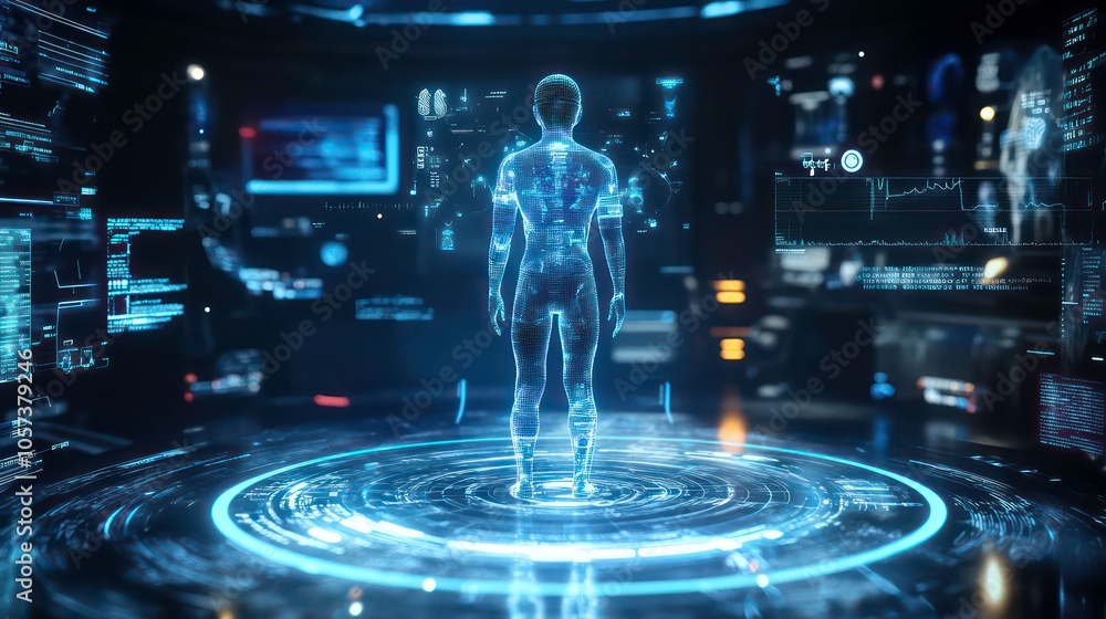 Aufkleber A holographic figure stands in a futuristic, high-tech environment filled with data and screens.
