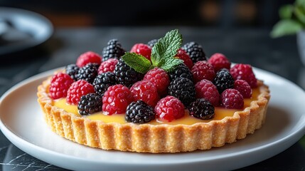 Elegant fruit tart with creamy custard, topped with colorful berries, presented on a delicate white porcelain dish.