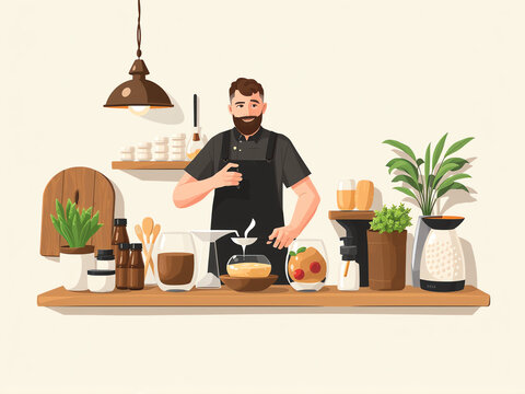 illustration of barista skillfully brews coffee in a bustling coffee shop, highlighting the craft of coffee-making