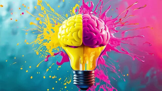 Liquid Color design background fly out of the light bulb with human brain as a idea colorful brain splash Brainstorm and inspire concept	

