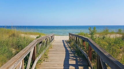 Fototapeta premium A wooden walkway leads to a serene beach and calm ocean under a clear blue sky.