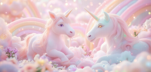 Obraz premium Cute unicorns in a fantasy landscape with rainbows and pastel colors