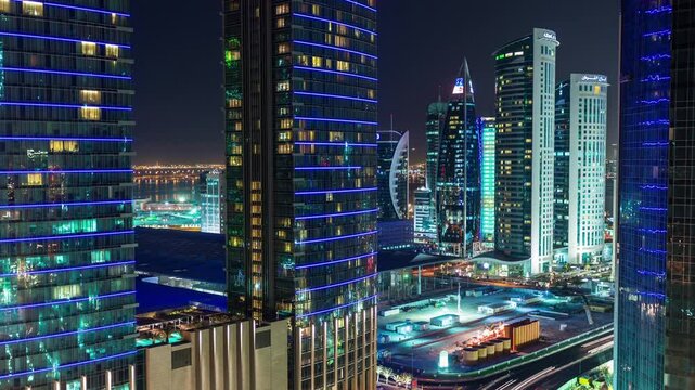 DOHA, QATAR - OCTOBER 25, 2024: Stunning night view of illuminated skyscrapers and bustling roads in the vibrant cityscape