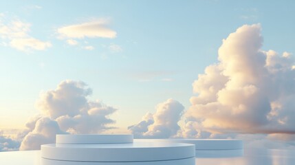 3D white podium with floating clouds background generative ai