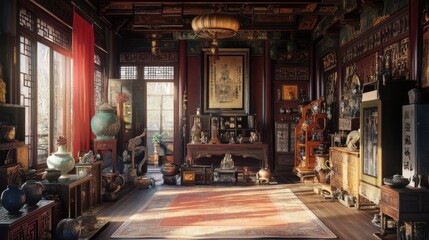 Detailed poster of an old Chinese house interior, with a room
