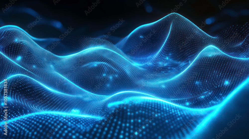 Aufkleber abstract digital landscape with flowing waves and glowing particles.